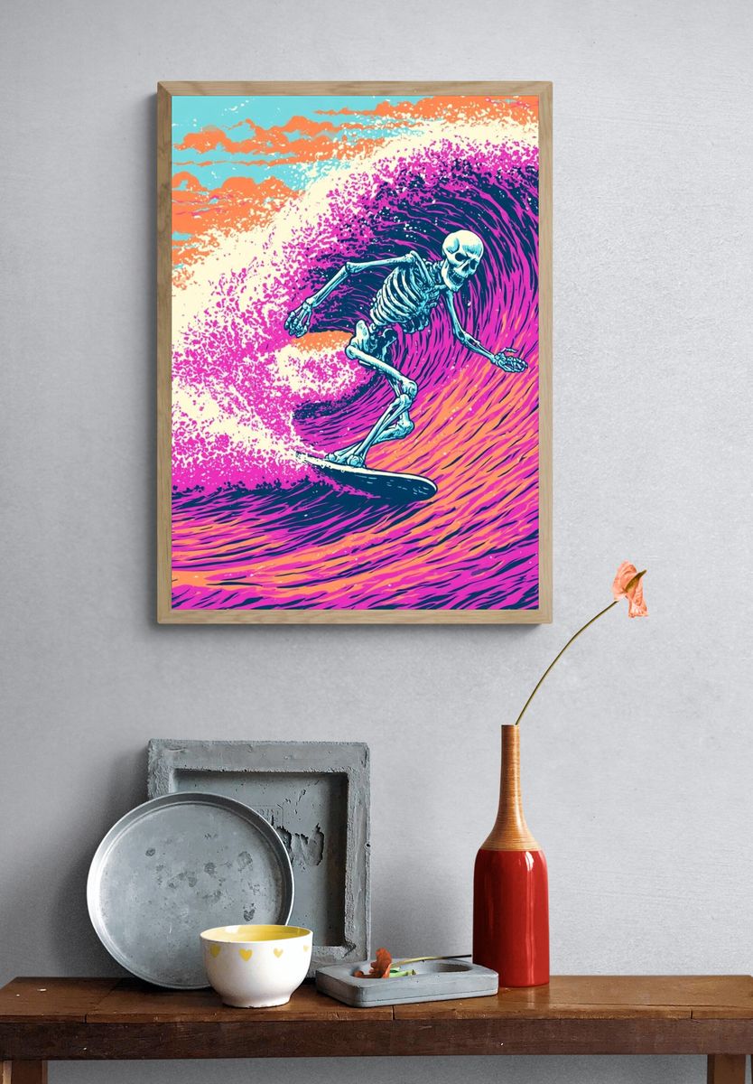 Skeleton Surfing Wave Illustration Poster. — room view 3