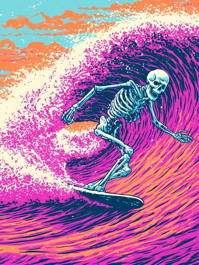 Skeleton Surfing Wave Illustration Poster.