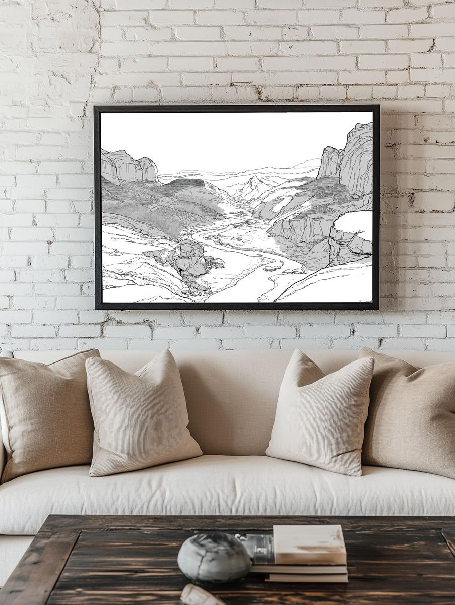 Snowy Canyon Line Art Poster. — room view 1