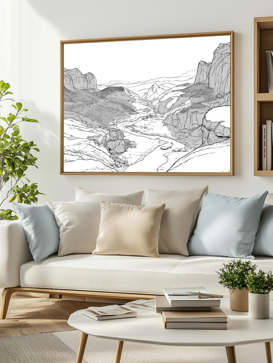 Snowy Canyon Line Art Poster. — room view 2