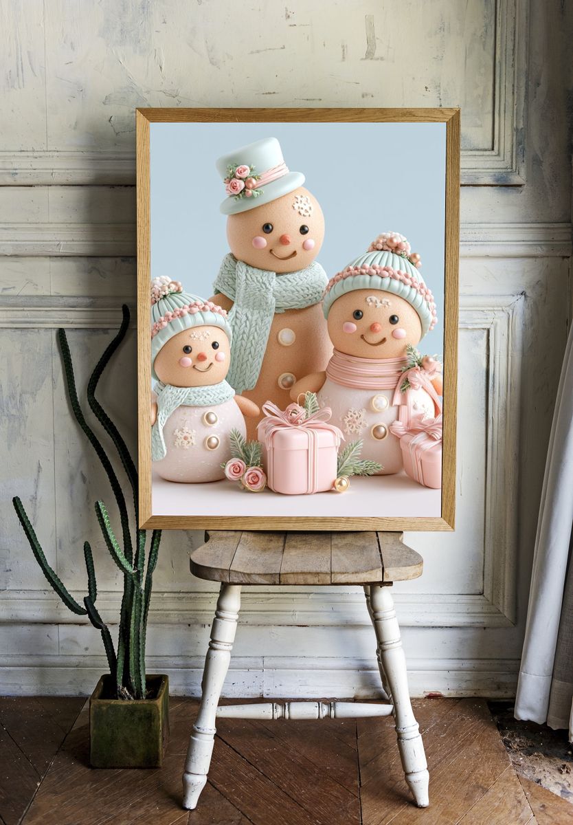 Pastel Snowman Family Illustration Poster. — room view 1