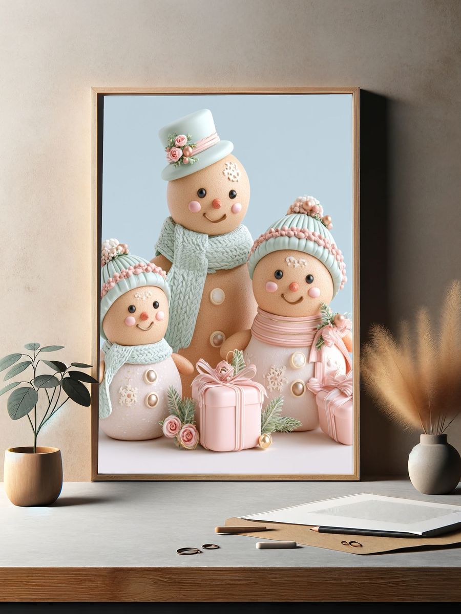 Pastel Snowman Family Illustration Poster. — room view 2