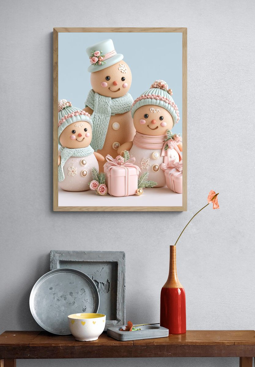 Pastel Snowman Family Illustration Poster. — room view 3