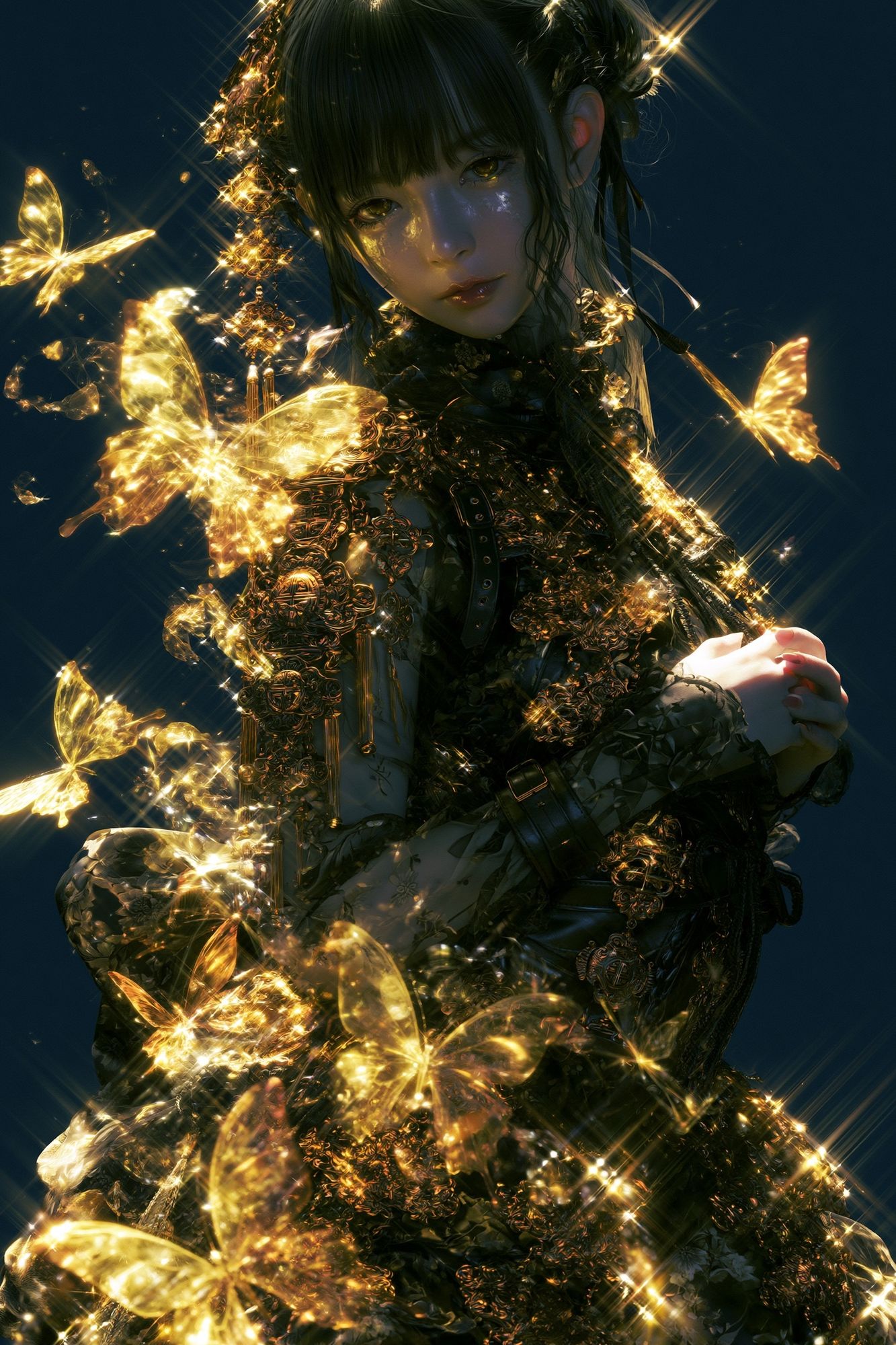 Golden Butterfly Girl Illustration Poster. poster detail