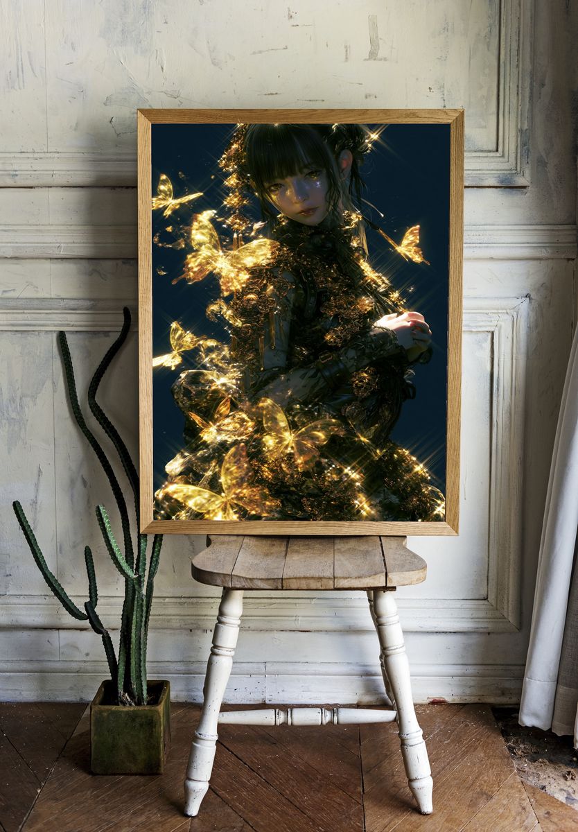 Golden Butterfly Girl Illustration Poster. room preview
