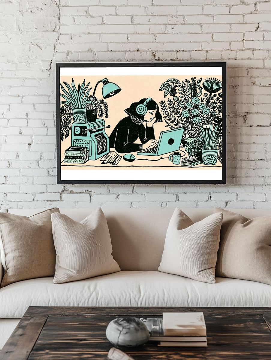 Plant Lover Workspace Illustration Poster. — room view 1