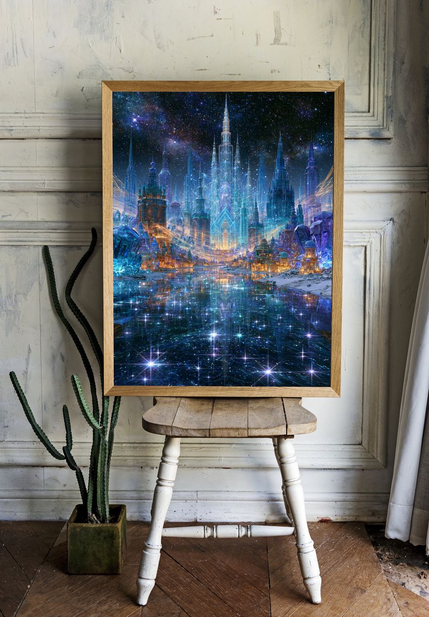 Celestial Crystal City Fantasy Print. room preview