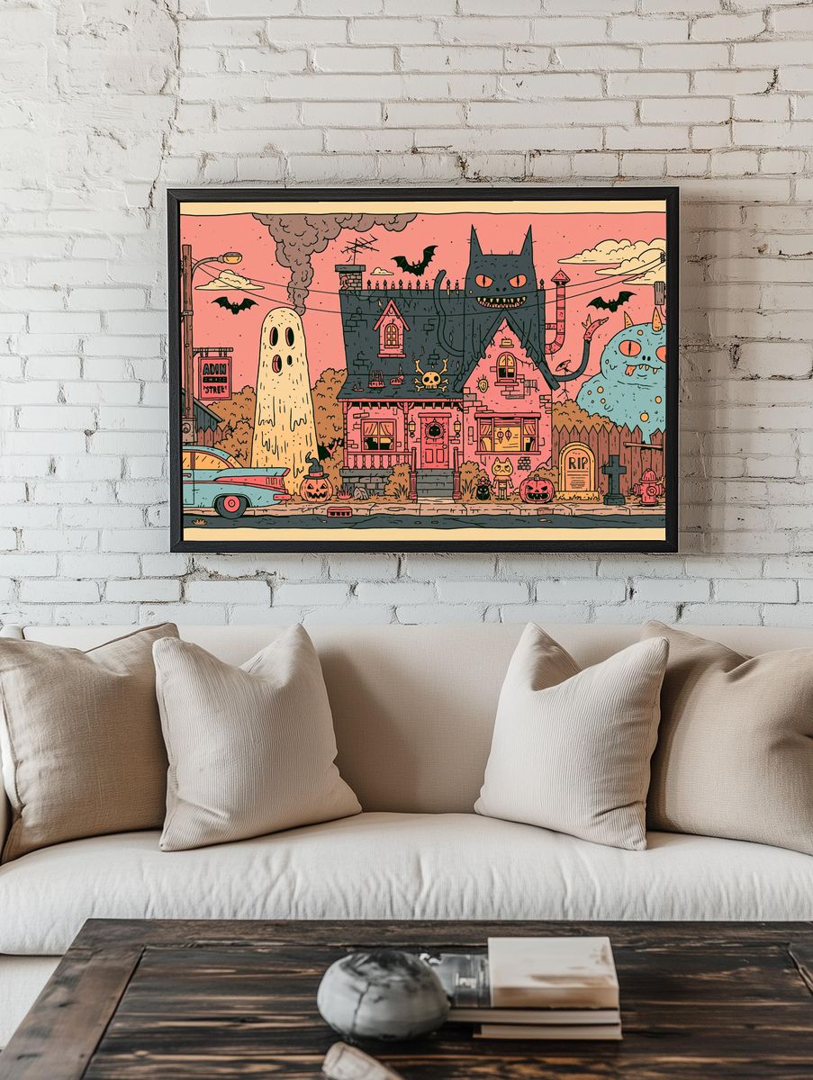 Spooky Monster House Illustration Poster. — room view 1