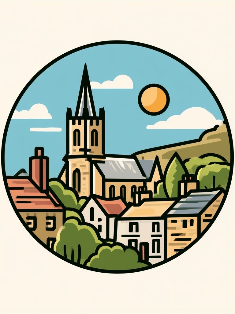 Village Church Landscape Illustration Poster. poster detail