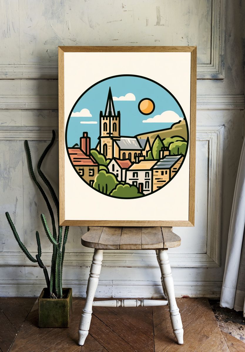 Village Church Landscape Illustration Poster. — room view 1