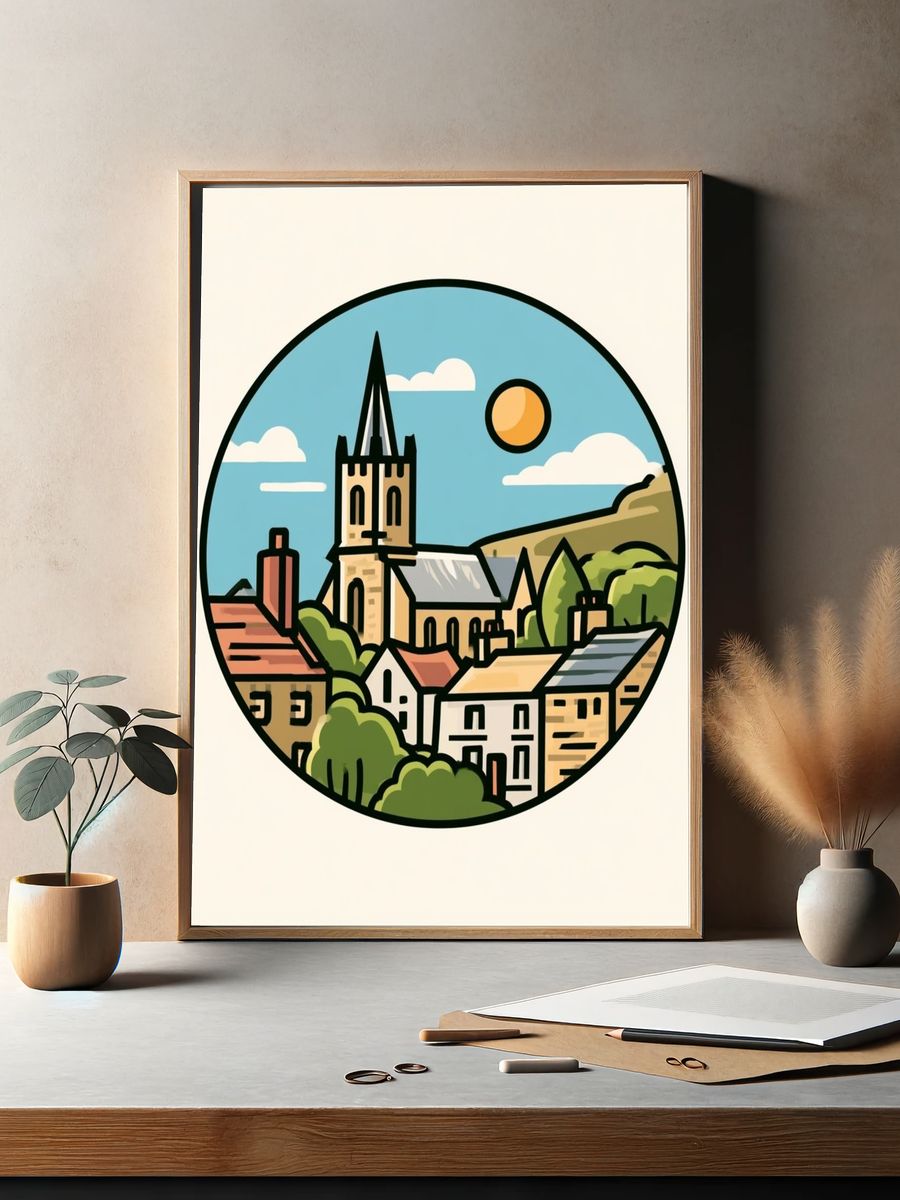Village Church Landscape Illustration Poster. — room view 2