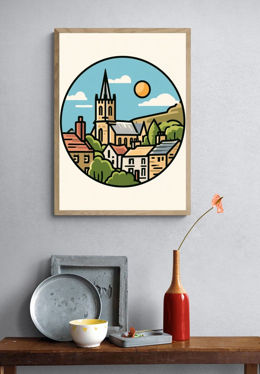 Village Church Landscape Illustration Poster. — room view 3