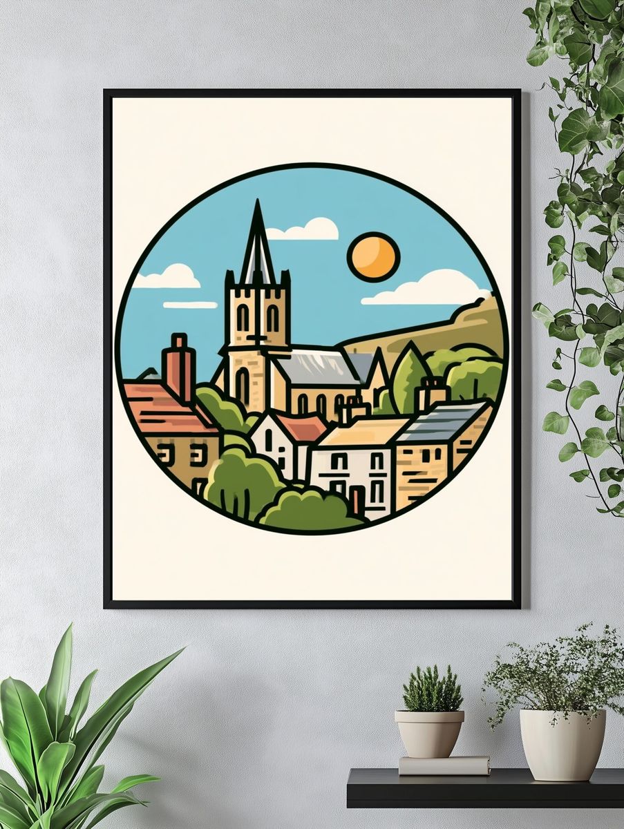 Village Church Landscape Illustration Poster. — room view 4