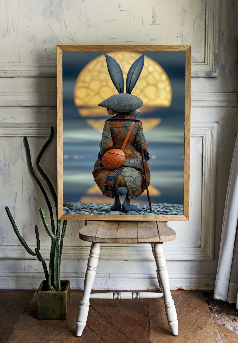 Moonlit Rabbit Figure Illustration Poster. room preview