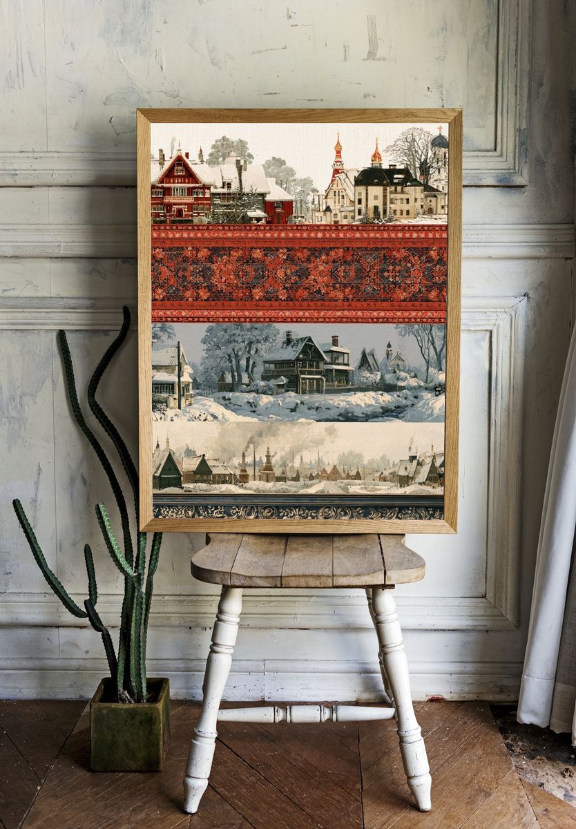 Snowy Village Landscape Print. — room view 1