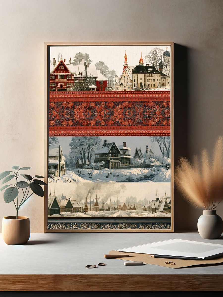 Snowy Village Landscape Print. — room view 2