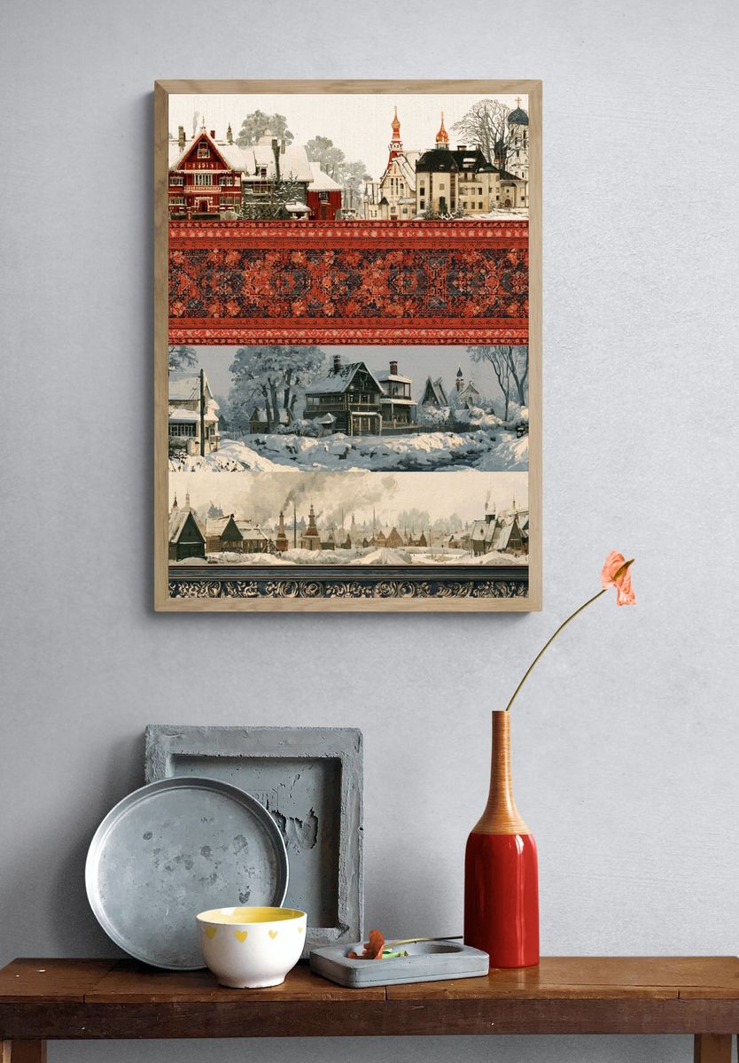 Snowy Village Landscape Print. — room view 3