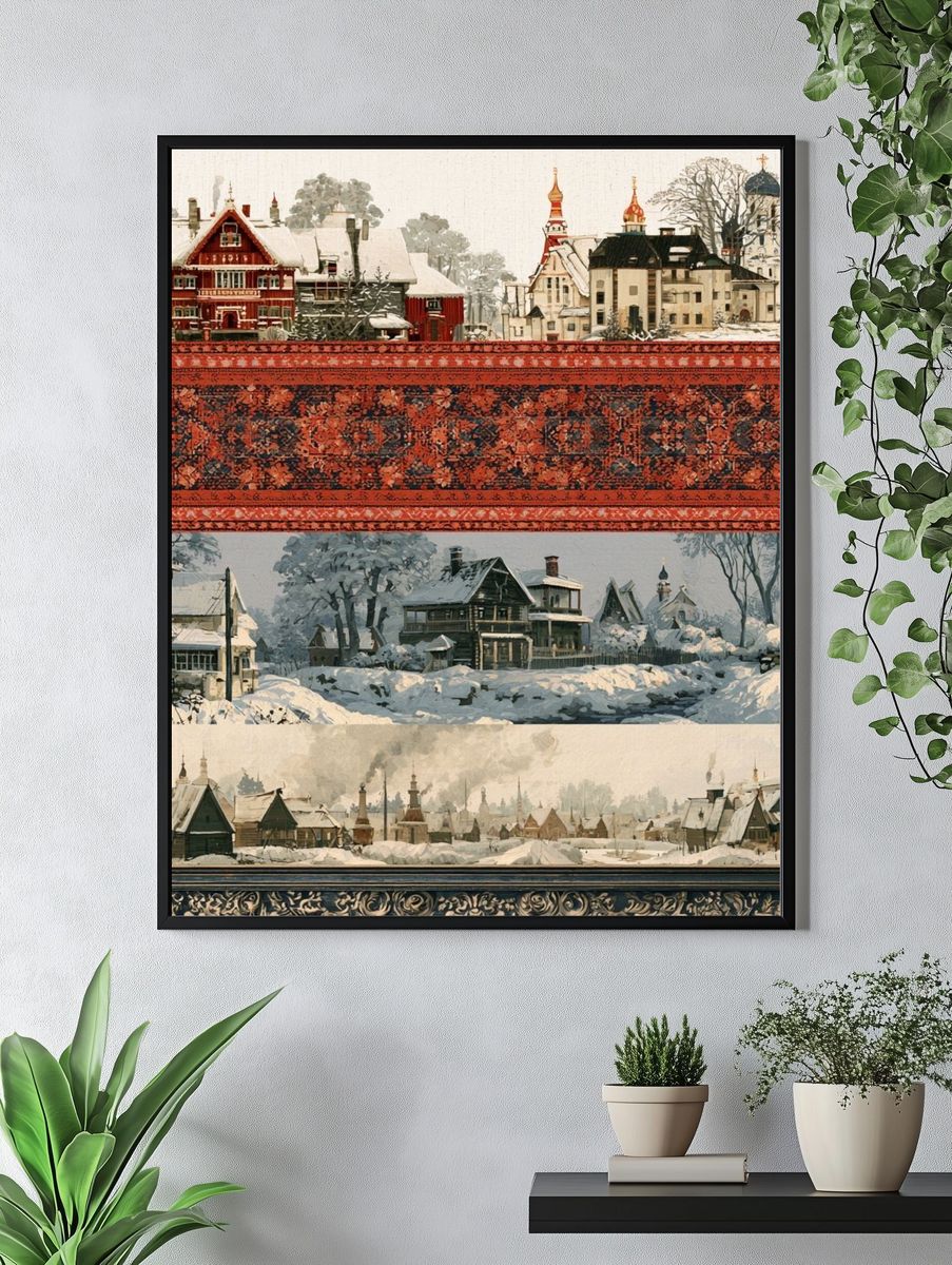 Snowy Village Landscape Print. — room view 4