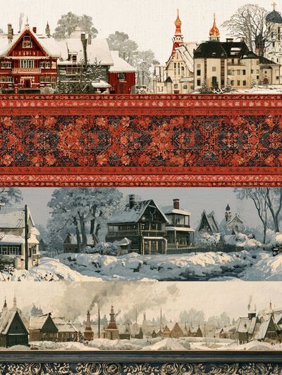 Snowy Village Landscape Print. poster