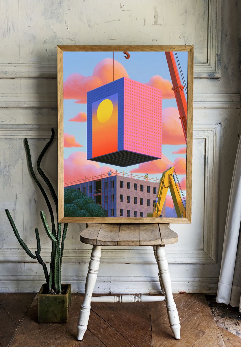 Floating Cube Construction Poster. room preview