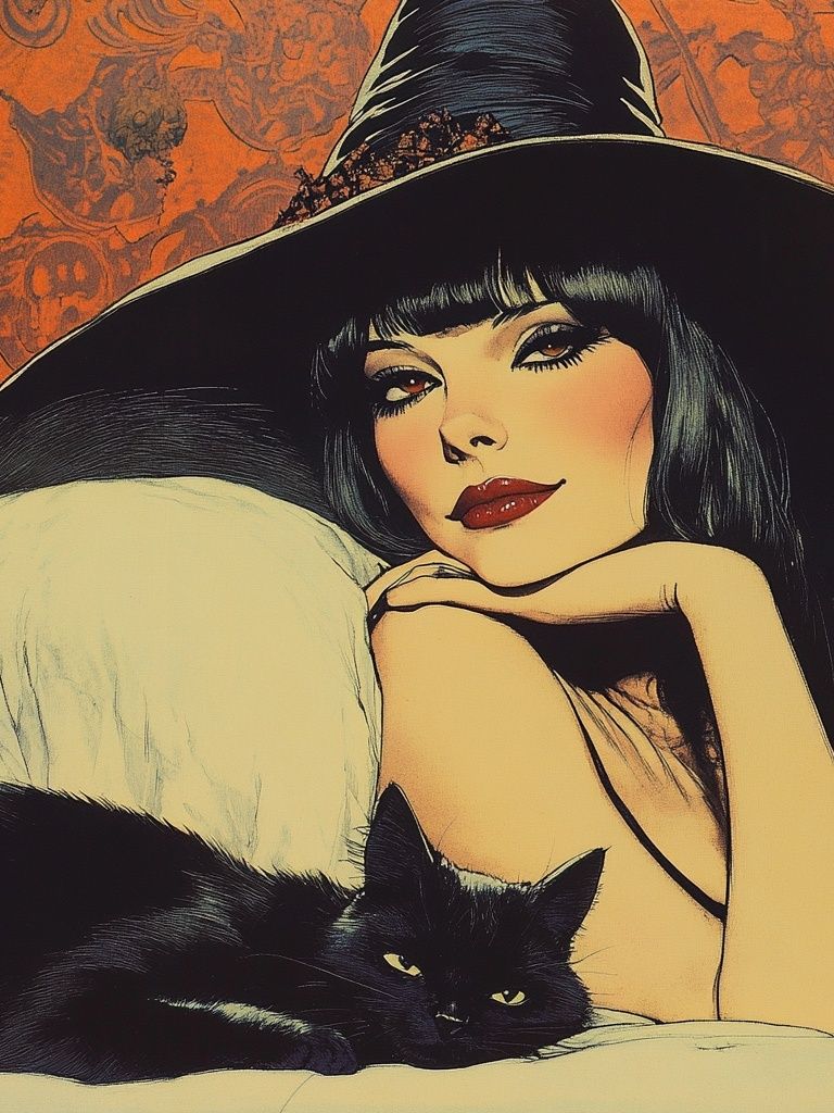 Witchy Woman and Black Cat Poster. poster — illustration art