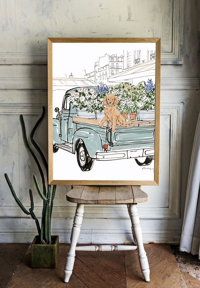 Poodle Flower Truck Illustration Poster. room preview