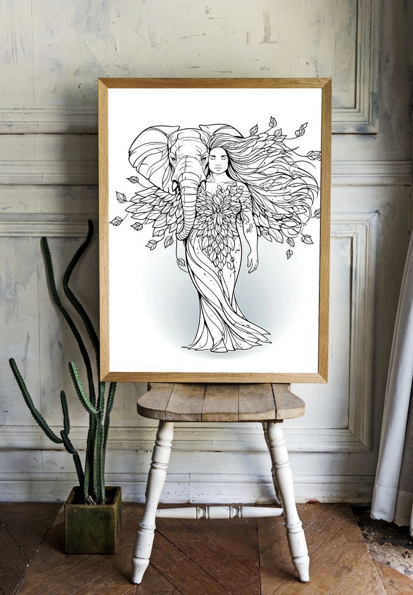 Elephant Woman Line Art Poster. — room view 1