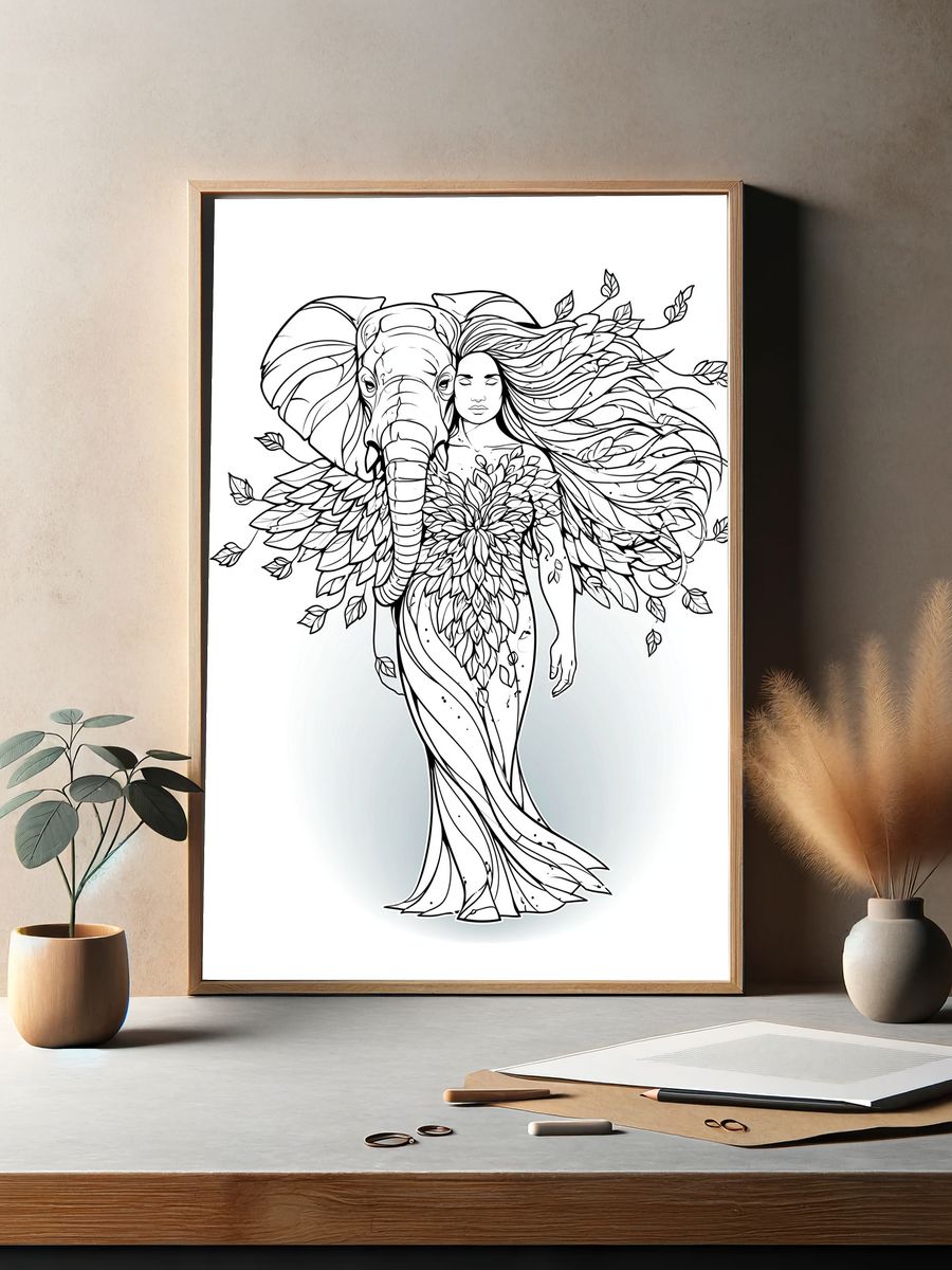 Elephant Woman Line Art Poster. — room view 2