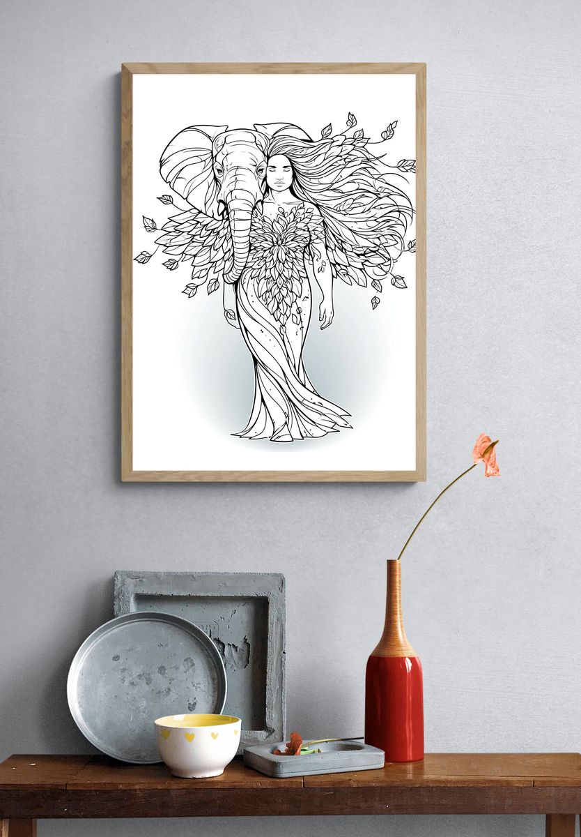 Elephant Woman Line Art Poster. — room view 3