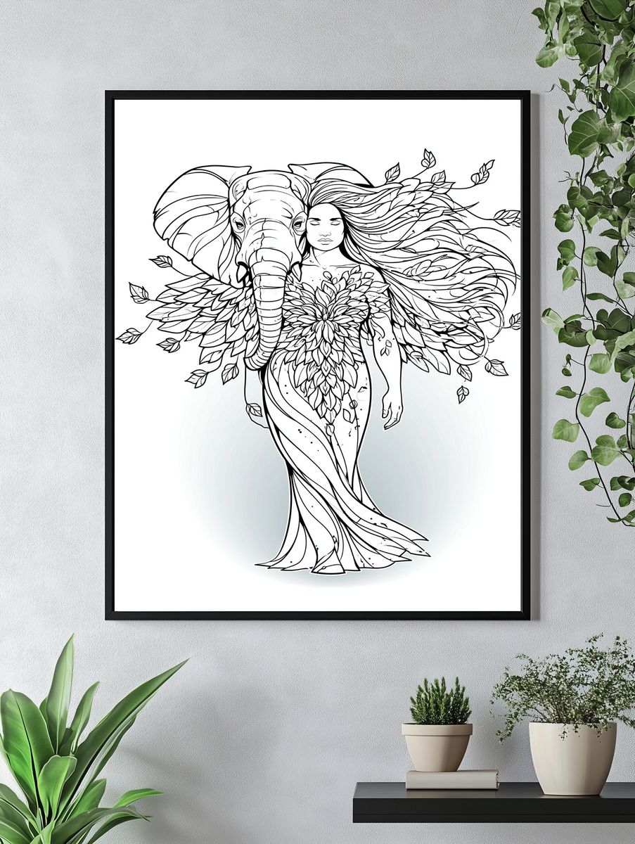 Elephant Woman Line Art Poster. — room view 4