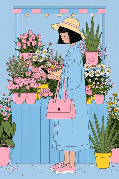 Flower Market Girl Illustration Poster. poster