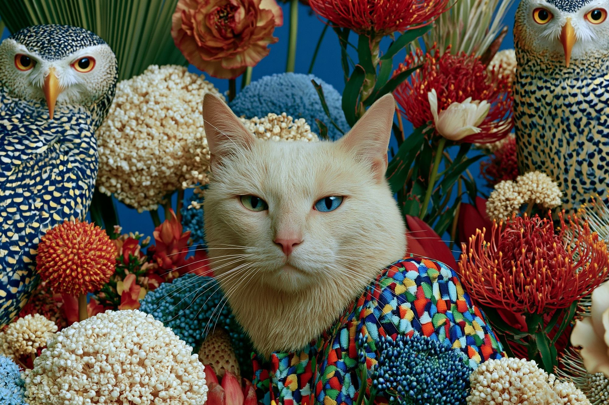 Surreal Cat and Owls Floral Poster. poster detail
