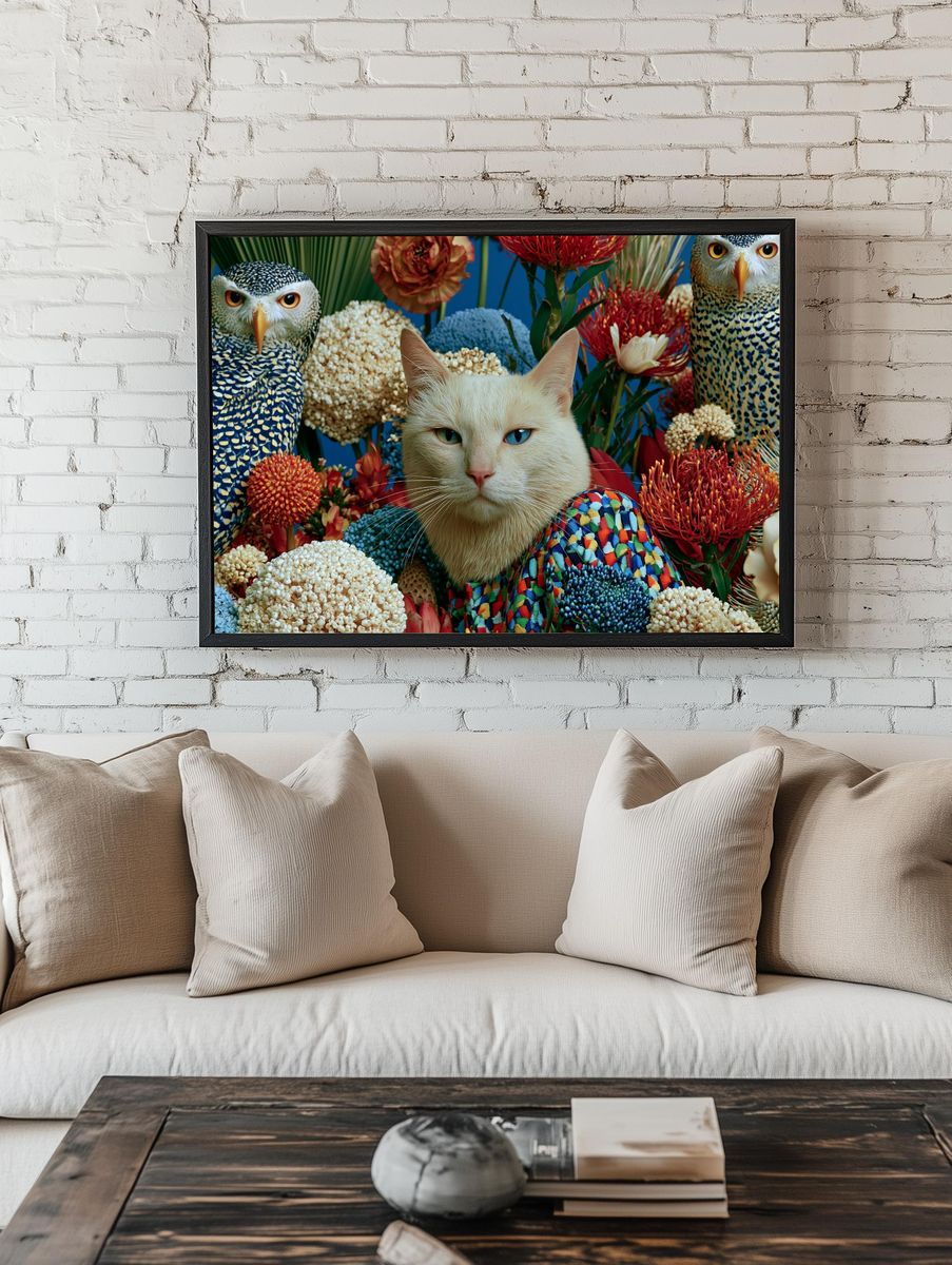 Surreal Cat and Owls Floral Poster. — room view 1