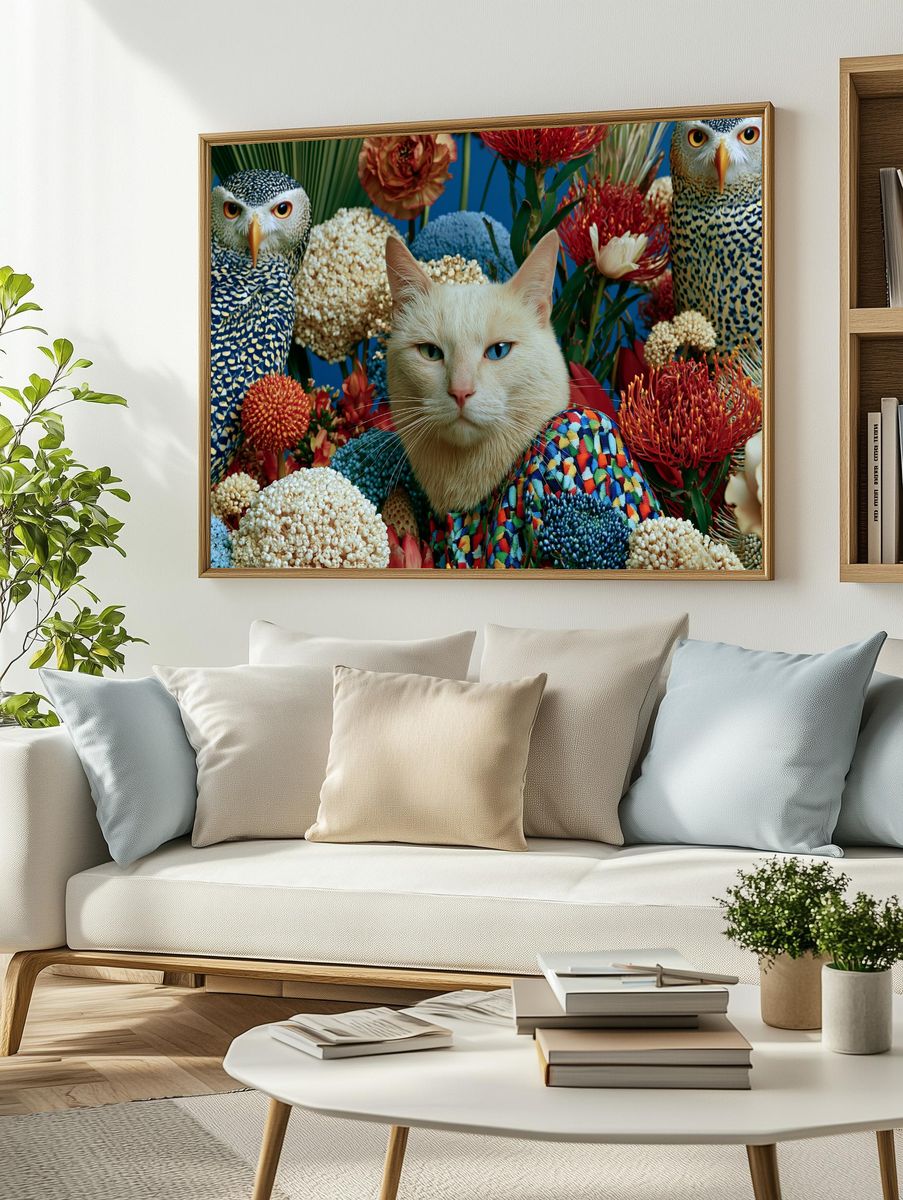 Surreal Cat and Owls Floral Poster. — room view 2