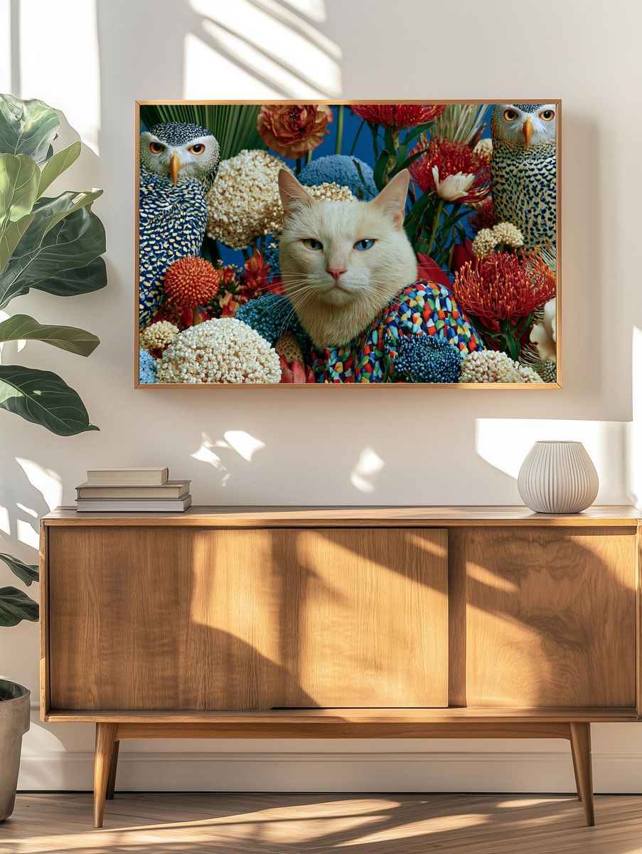 Surreal Cat and Owls Floral Poster. — room view 3