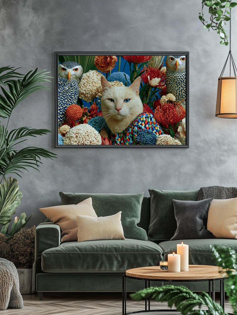 Surreal Cat and Owls Floral Poster. — room view 4