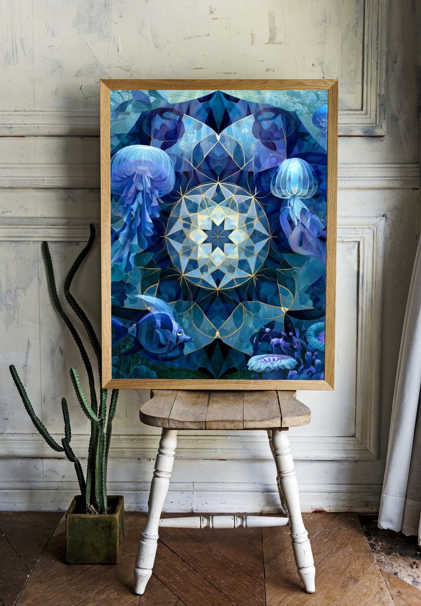 Underwater Mandala Jellyfish Print. room preview