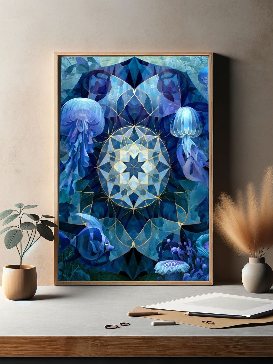 Underwater Mandala Jellyfish Print. — room view 2