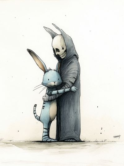 Skeleton Rabbit Hug Illustration Poster. poster print