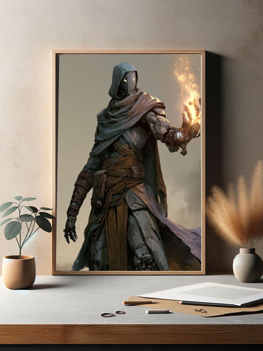 Mystic Hooded Warrior Illustration Poster. — room view 2