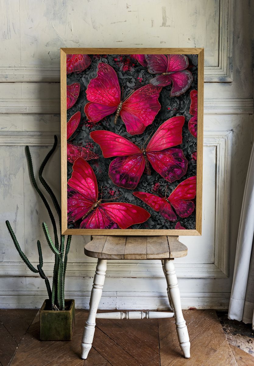 Magenta Butterfly Garden Illustration Poster. room preview