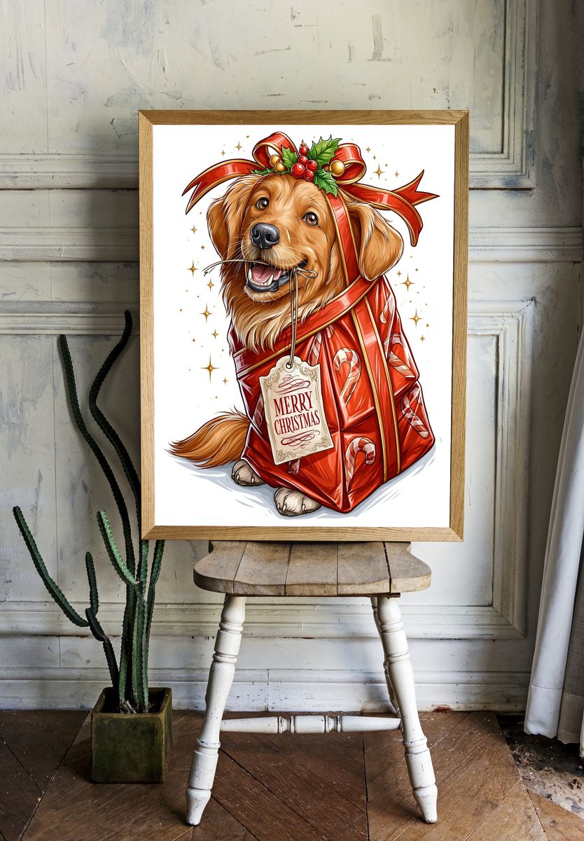 Christmas Golden Retriever Illustration Poster. — room view 1
