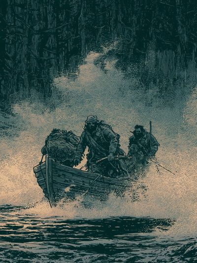 Stormy Boat Crossing Illustration Poster. poster