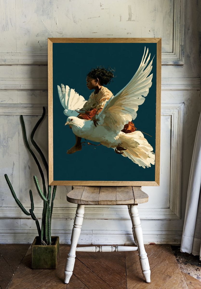Girl on Dove Digital Art Poster. room preview