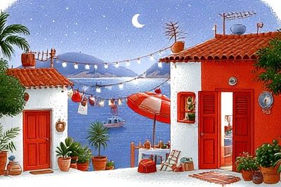 Mediterranean Seaside Village Illustration Poster. poster