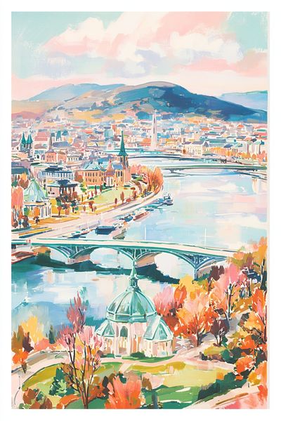 Autumn City Riverscape Illustration Poster. poster