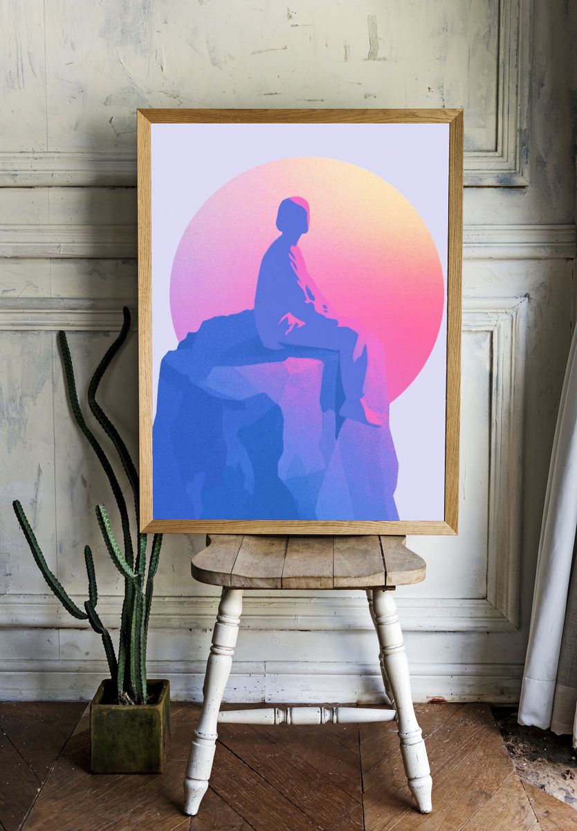 Dreamy Figure on Rock Illustration Poster. — room view 1