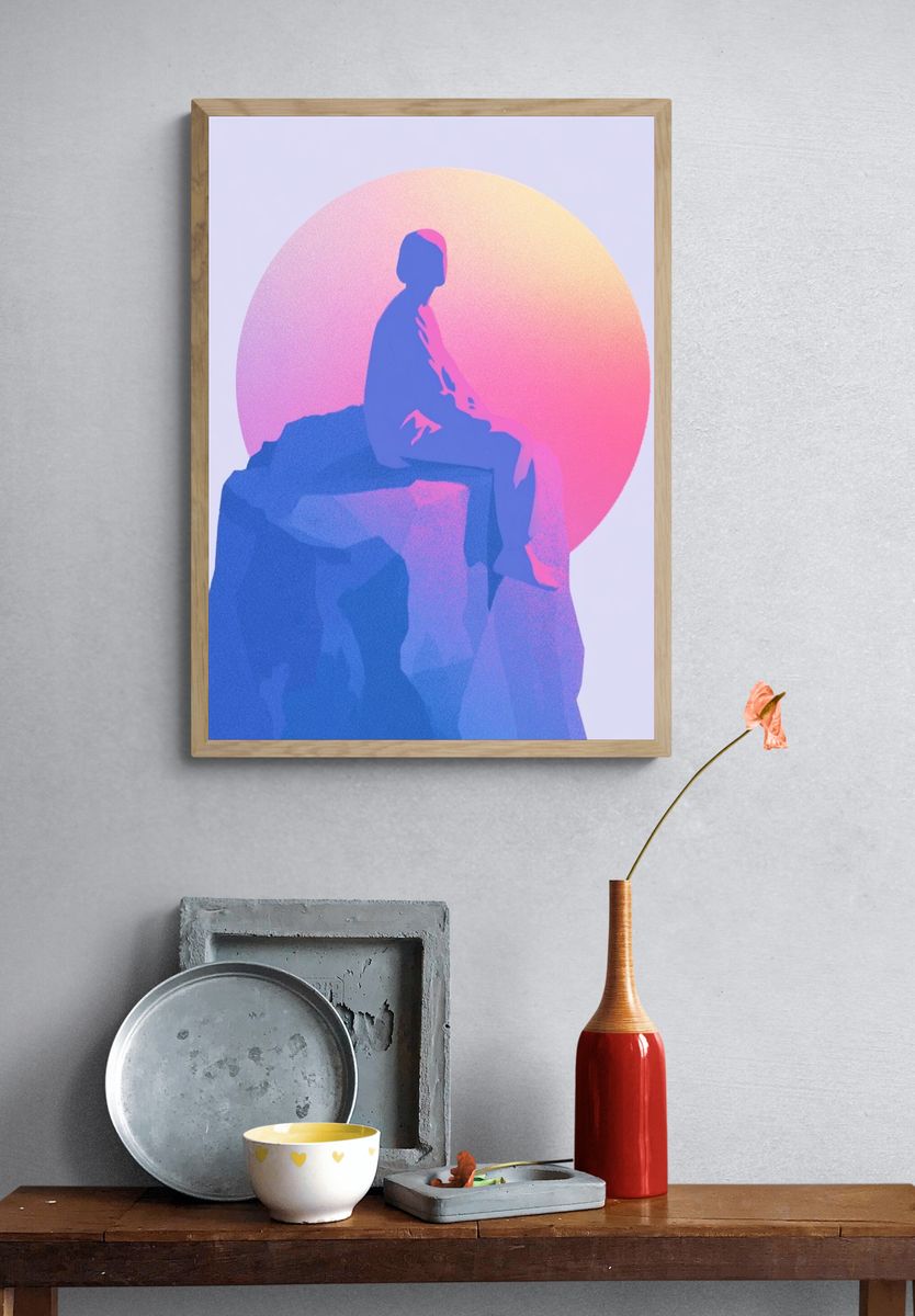 Dreamy Figure on Rock Illustration Poster. — room view 3
