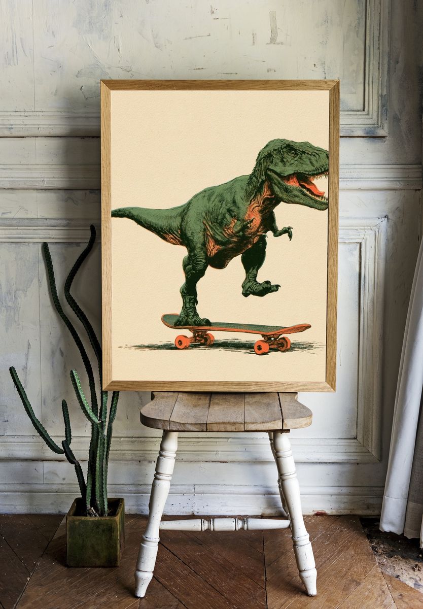 Skateboarding T-Rex Illustration Poster. room preview