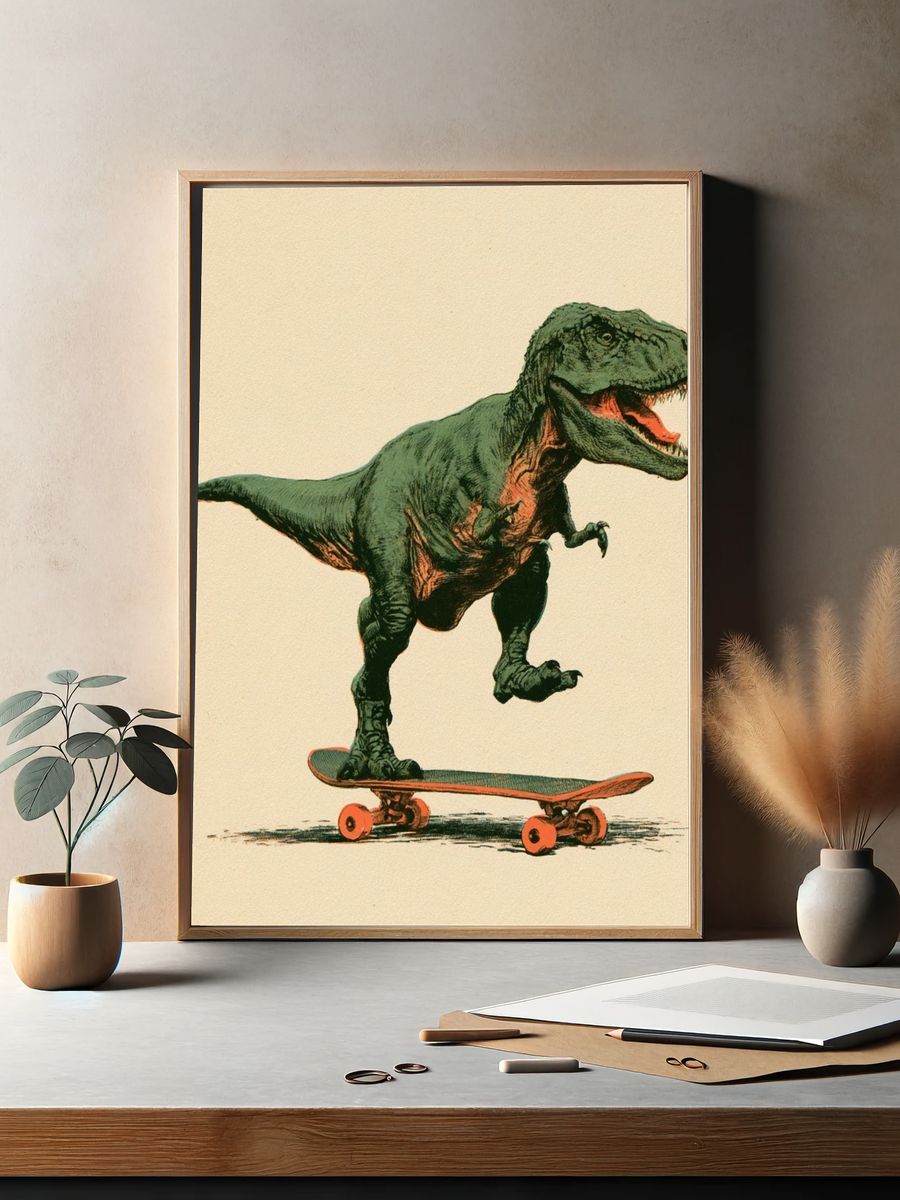 Skateboarding T-Rex Illustration Poster. — room view 2